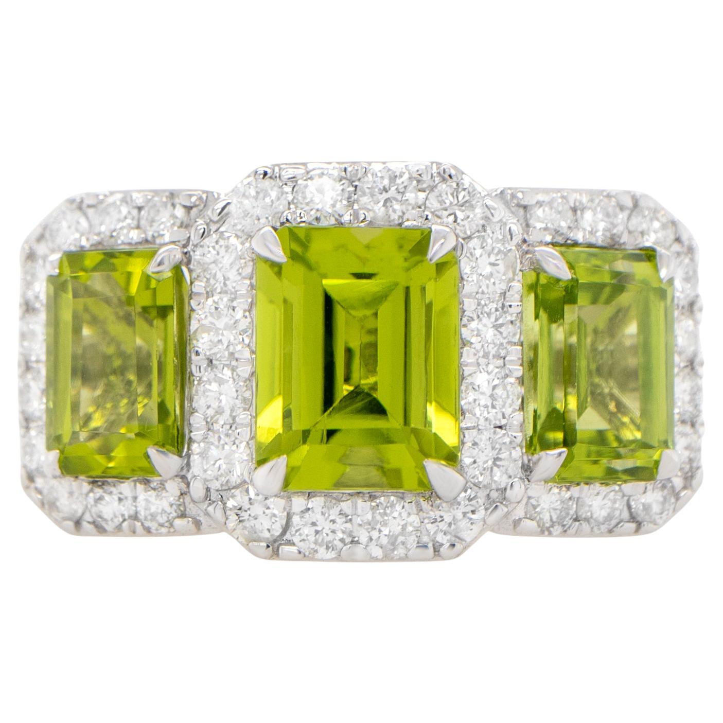 Peridot Three Stone Ring Diamond Setting 5.14 Carats 18K Gold