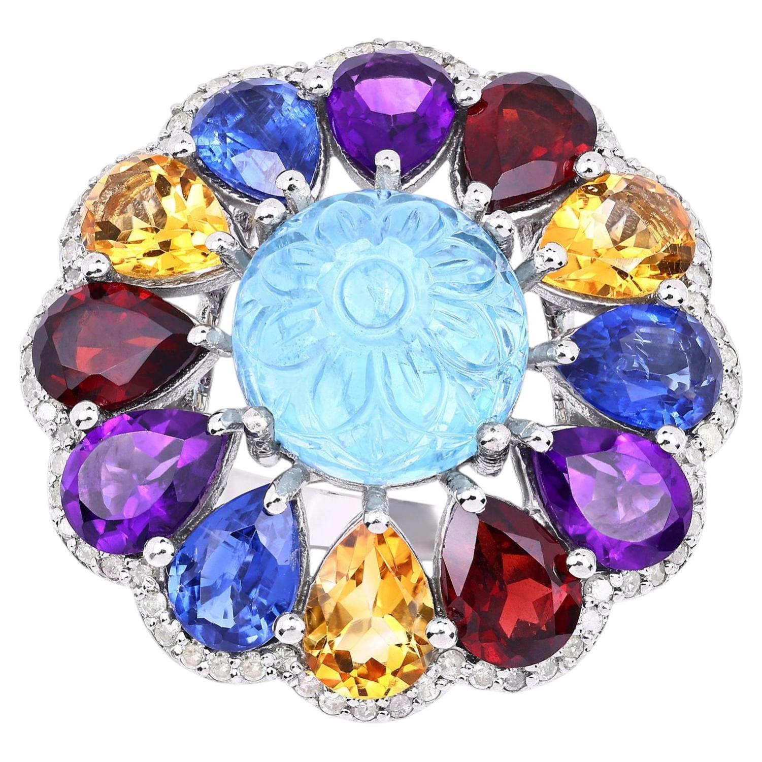 Natural Mixed Gemstones Ring 16 Carats Sterling Silver