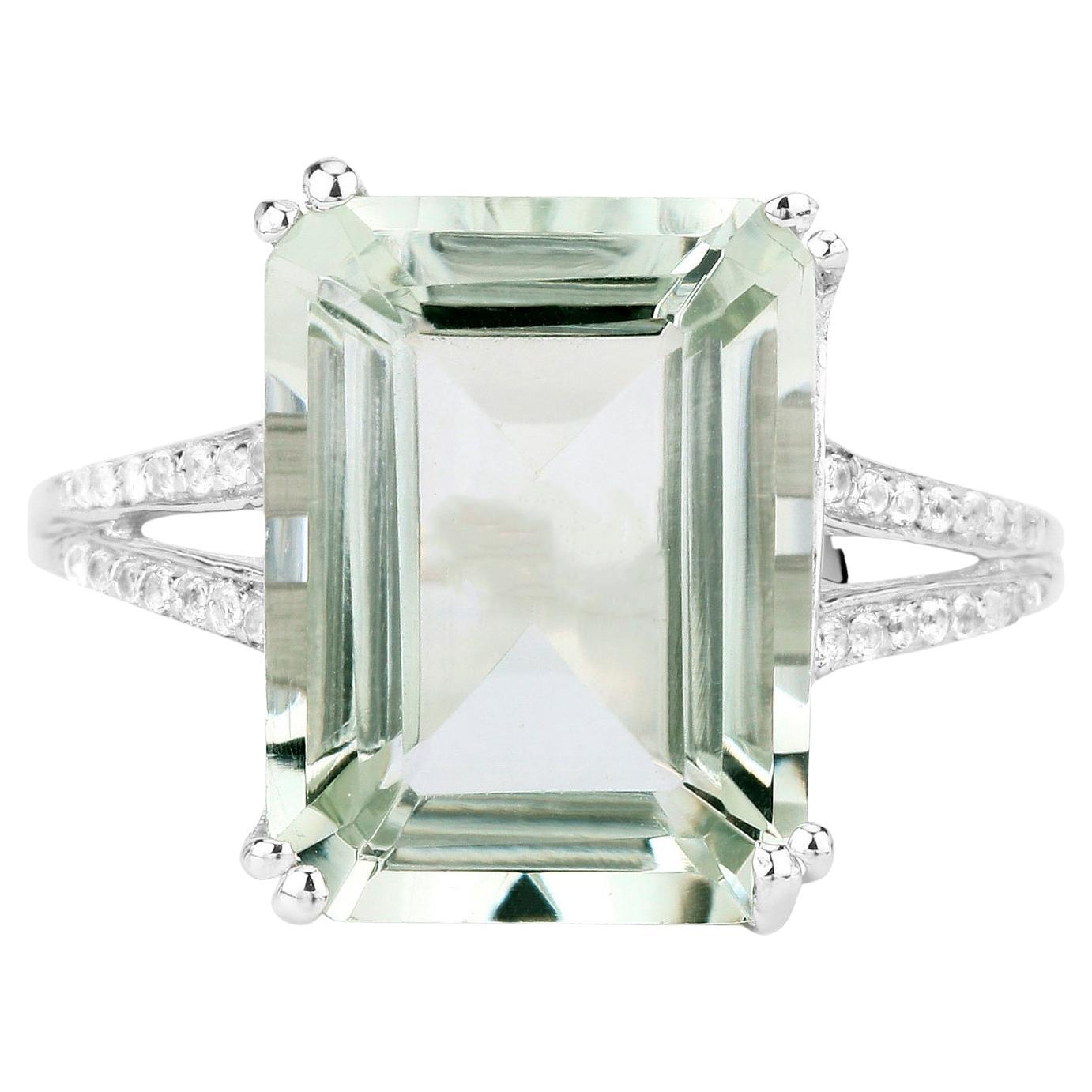 Green Amethyst Ring With White Topaz 10.6 Carats Sterling Silver