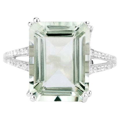 Green Amethyst Ring With White Topaz 10.6 Carats Sterling Silver