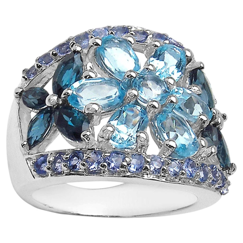 Multicolor Topaz Flower Ring With Tanzanite 5.98 Carats Sterling Silver