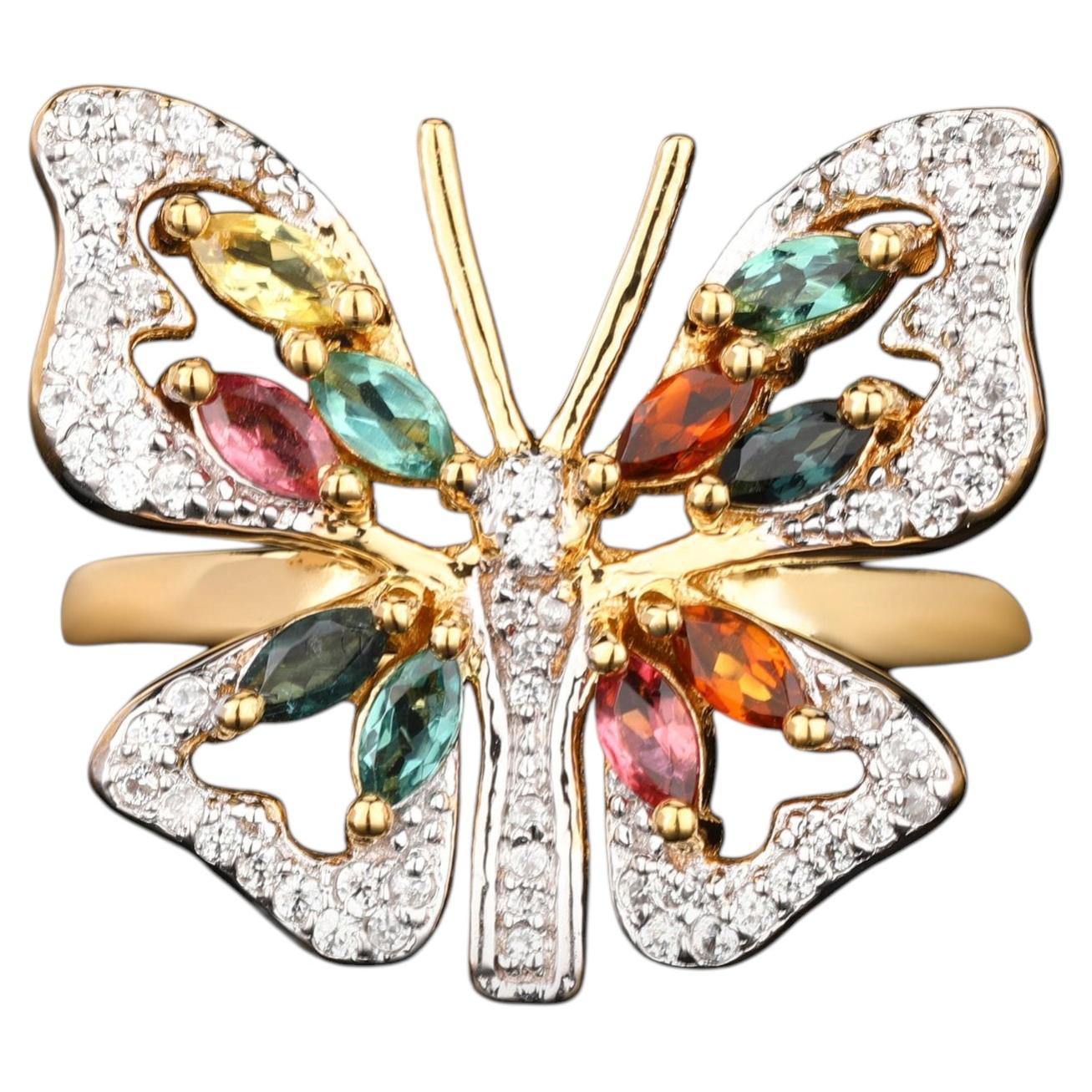 Natural Multicolor Tourmaline Butterfly Ring 1.39 Carats Gold Plated Silver