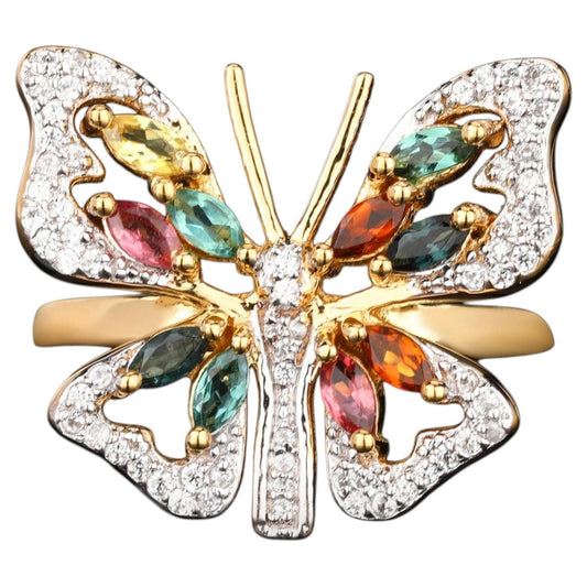 Natural Multicolor Tourmaline Butterfly Ring 1.39 Carats Gold Plated Silver