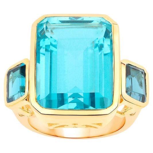 Paraiba Quartz Ring London Blue Topaz 17 Carats 18K Yellow Gold Plated Silver