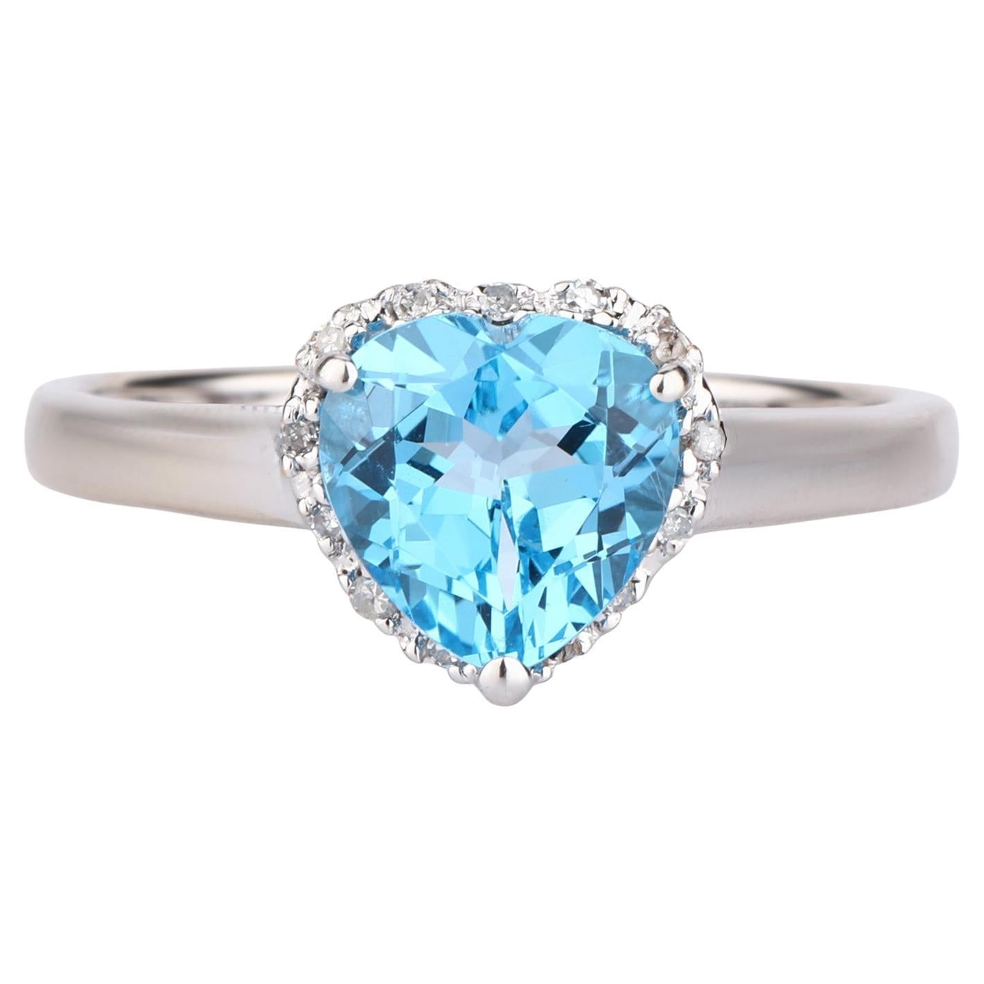 Swiss Blue Topaz Heart Ring With Diamonds 2.15 Carats 9K White Gold