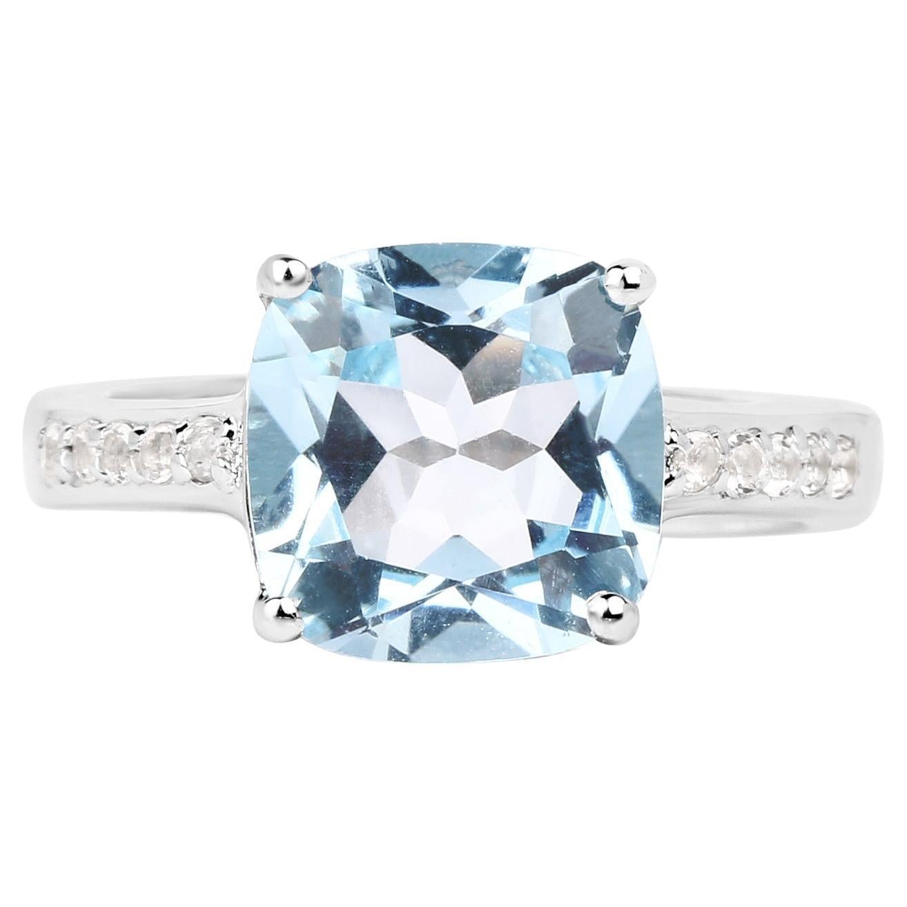 Blue Topaz Ring With White Topaz 4.58 Carats Sterling Silver