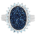 Drusy Quartz Ring With Swiss Blue Topaz 4.56 Carats Sterling Silver
