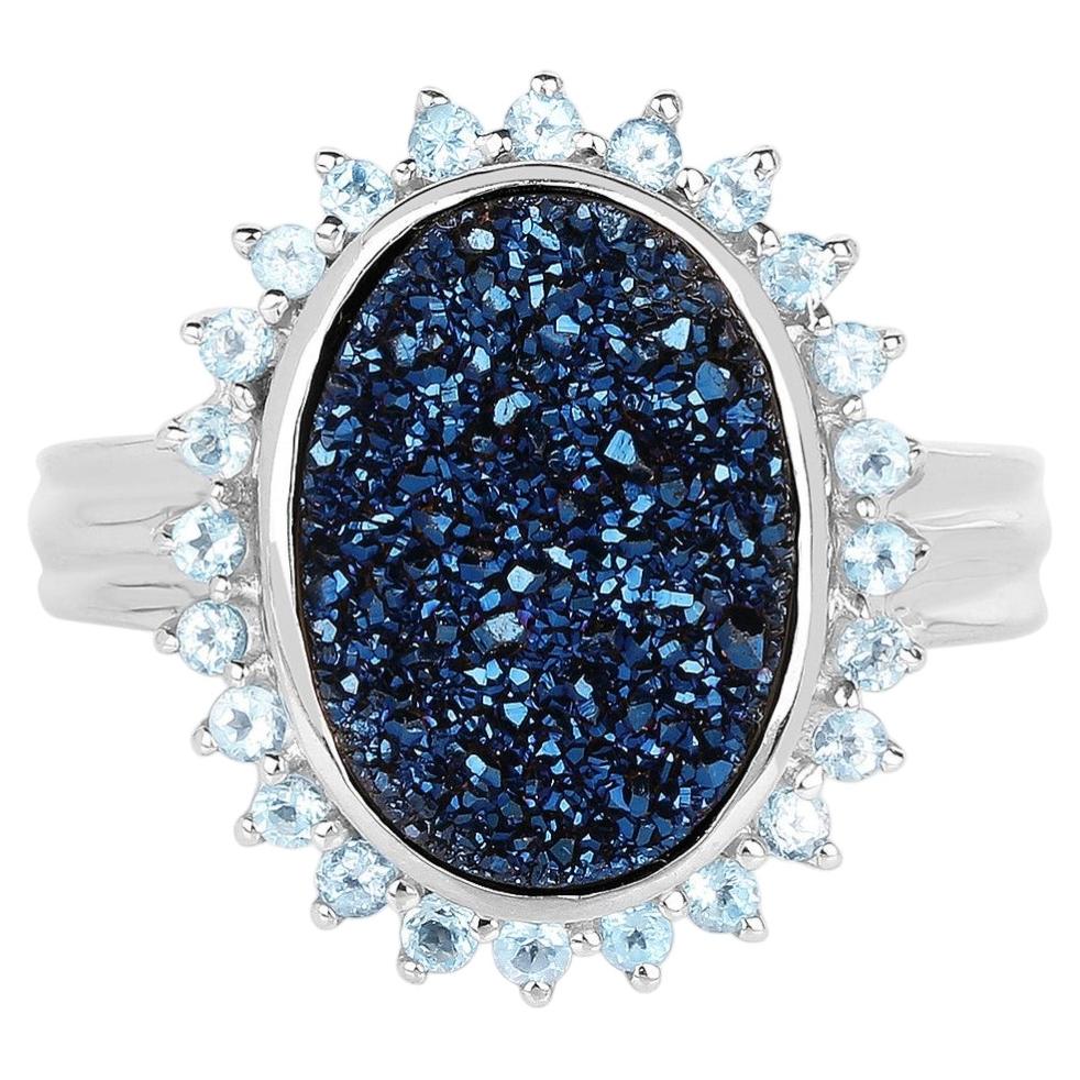 Drusy Quartz Ring With Swiss Blue Topaz 4.56 Carats Sterling Silver