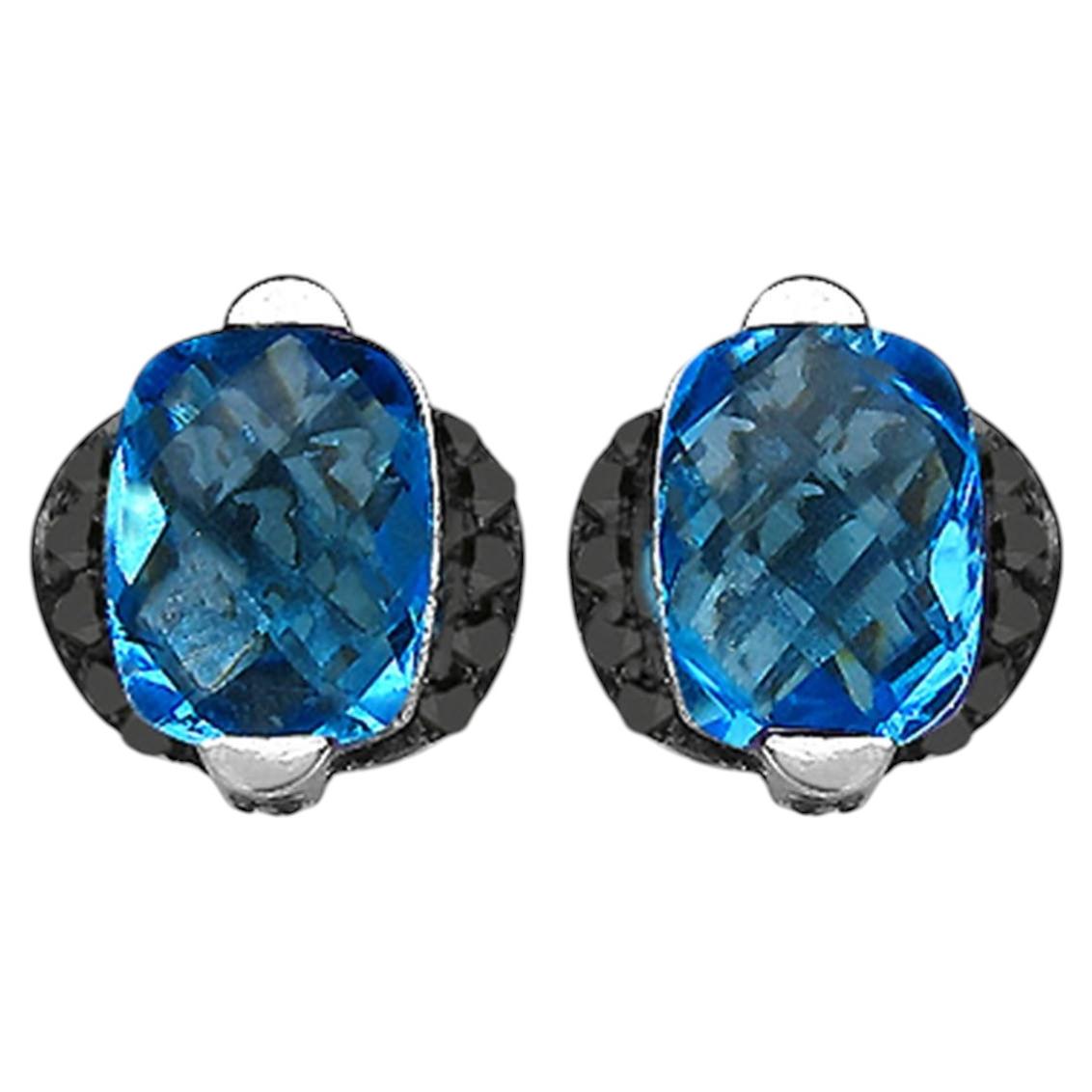 Swiss Blue Topaz Earrings With Black Diamond 3.70 Carats Sterling Silver
