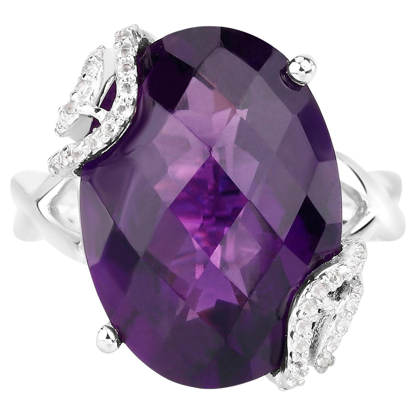 Rose Cut Amethyst Ring with White Topaz 10.43 Carats Sterling Silver