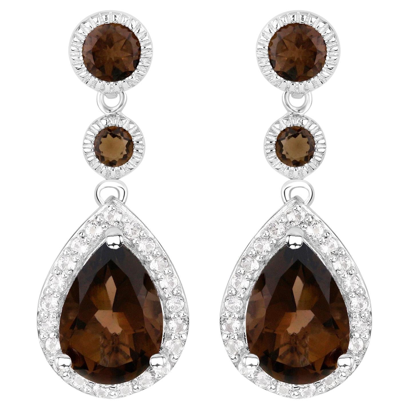 Smoky Quartz Dangle Earrings White Topaz 7.39 Carats Sterling Silver