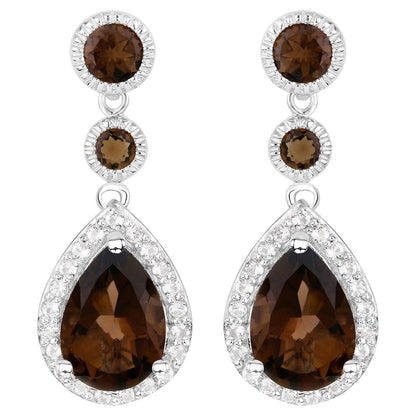 Smoky Quartz Dangle Earrings White Topaz 7.39 Carats Sterling Silver