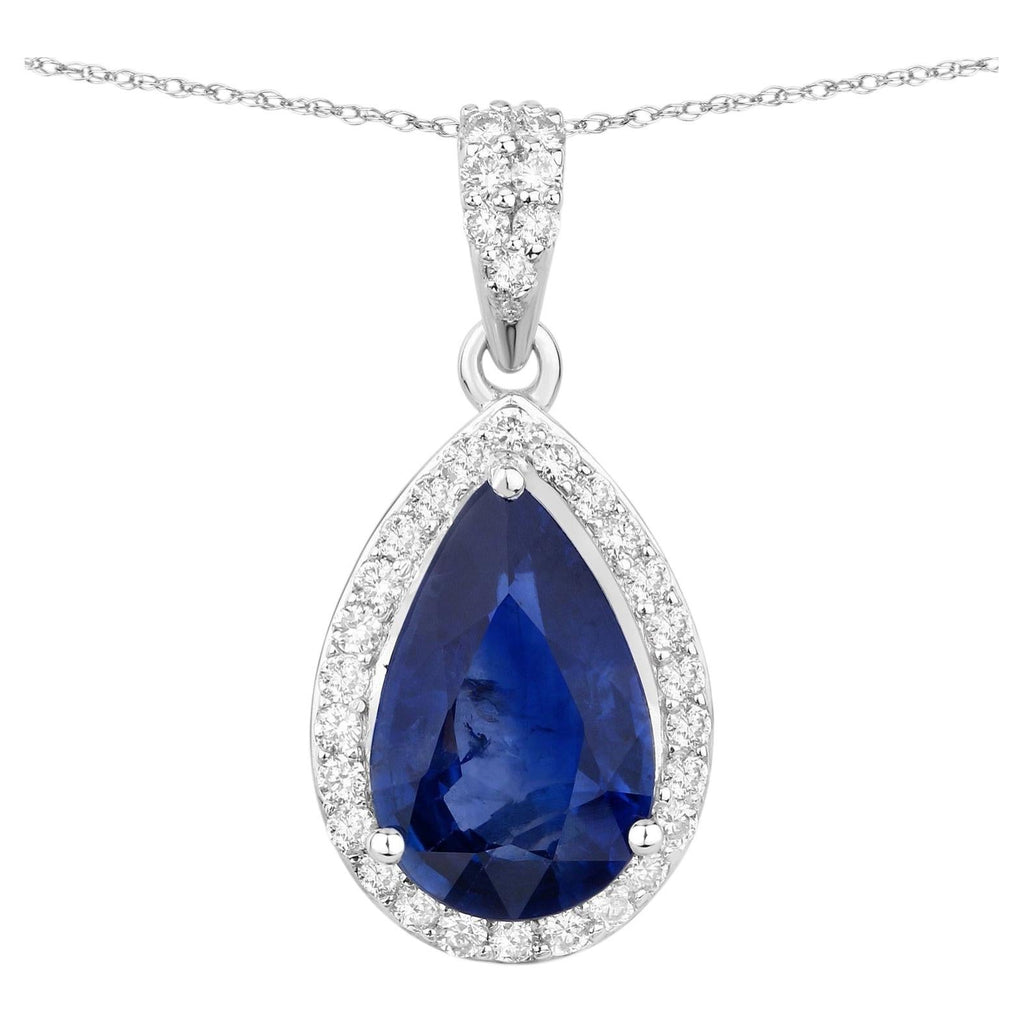 Blue Sapphire Pendant With Diamonds 2.96 Carats 18K White Gold