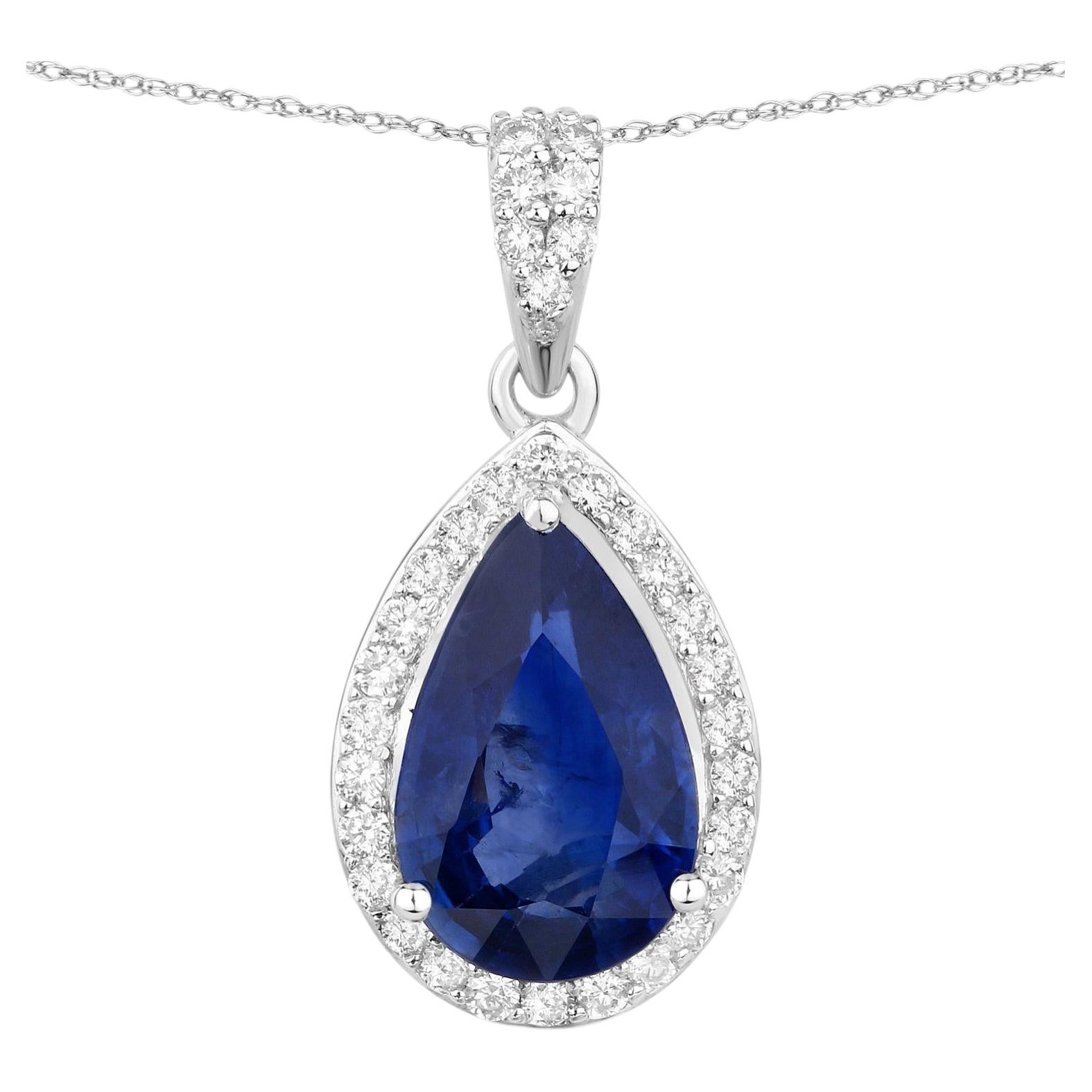 Blue Sapphire Pendant With Diamonds 2.96 Carats 18K White Gold