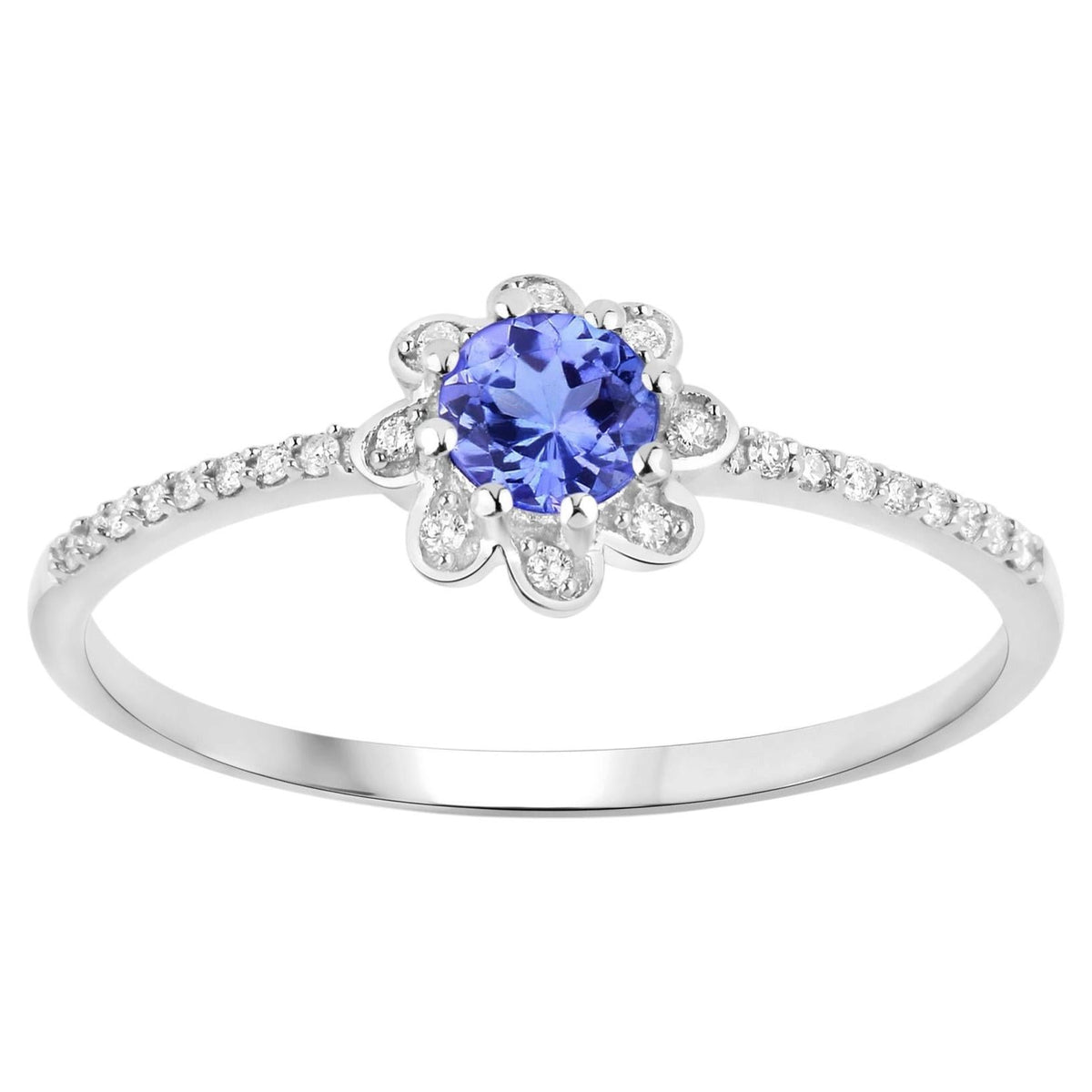 Tanzanite Flower Ring With Diamonds 0.28 Carats 14K White Gold