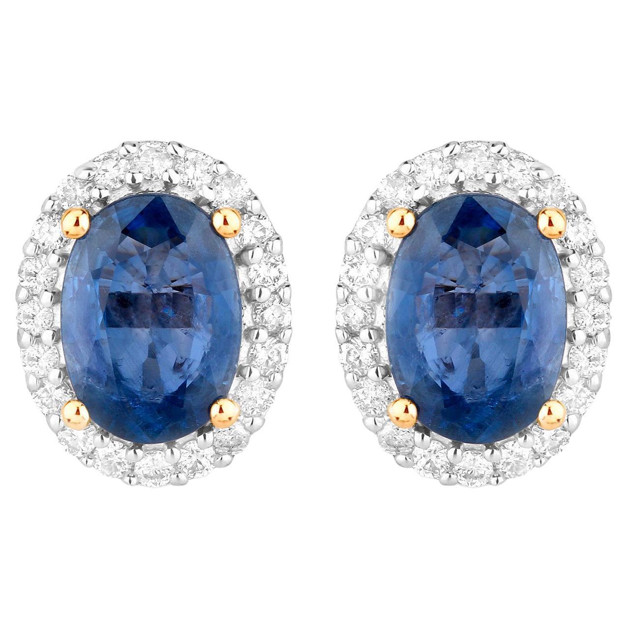 Natural Blue Sapphire Earrings With Diamonds 2.12 Carats 14K Yellow Gold