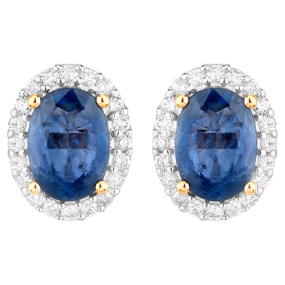 Natural Blue Sapphire Earrings With Diamonds 2.12 Carats 14K Yellow Gold