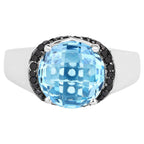 Swiss Blue Topaz Ring With Black Diamonds 4.92 Carats Sterling Silver