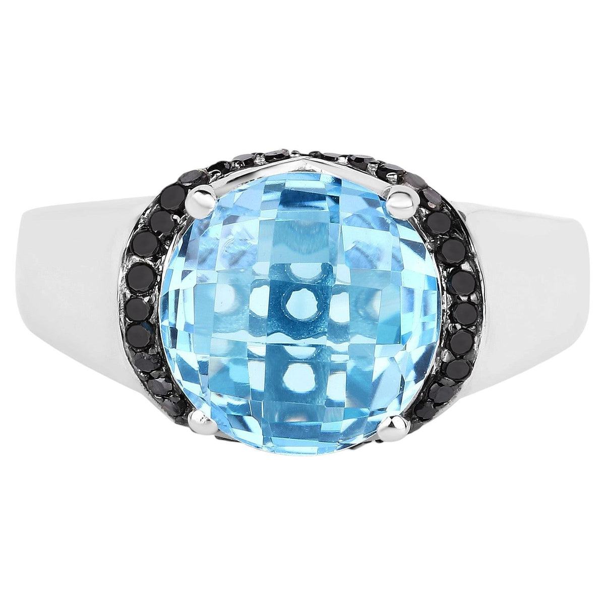 Swiss Blue Topaz Ring With Black Diamonds 4.92 Carats Sterling Silver
