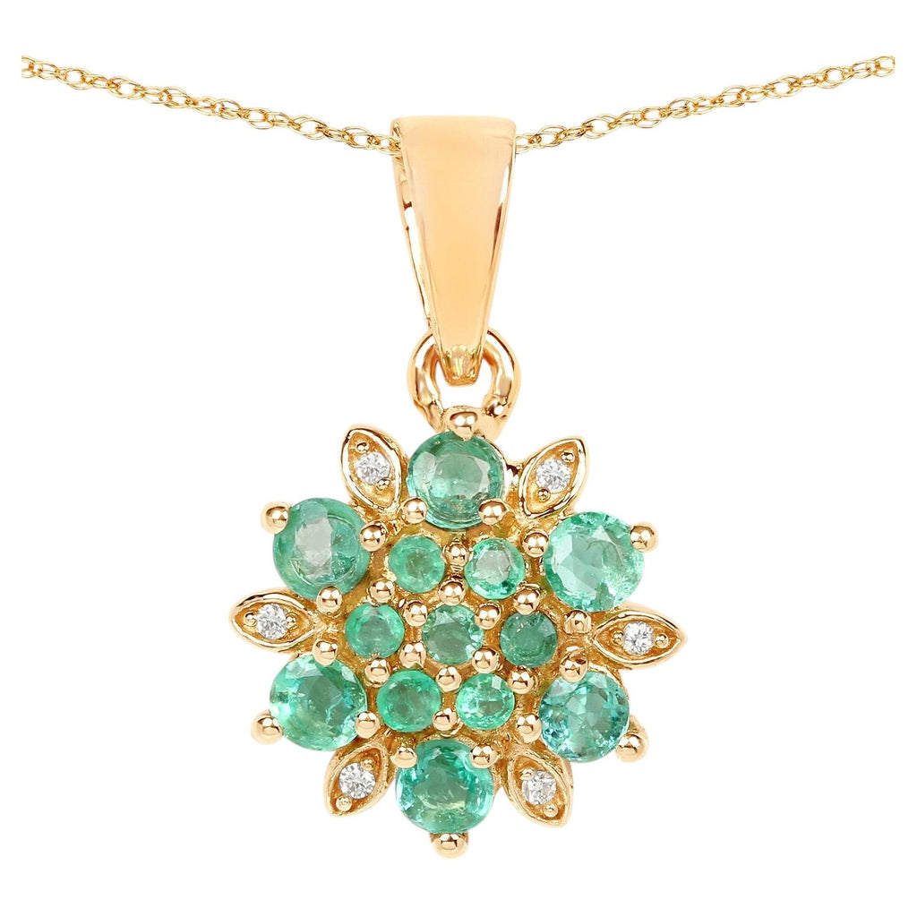 Zambian Emerald Flower Pendant With Diamonds 0.68 Carats 14K Yellow Gold