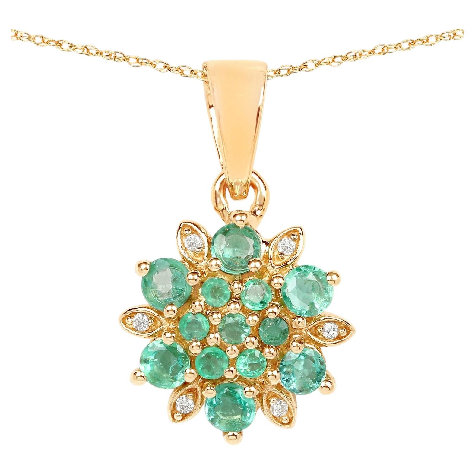 Zambian Emerald Flower Pendant With Diamonds 0.68 Carats 14K Yellow Gold