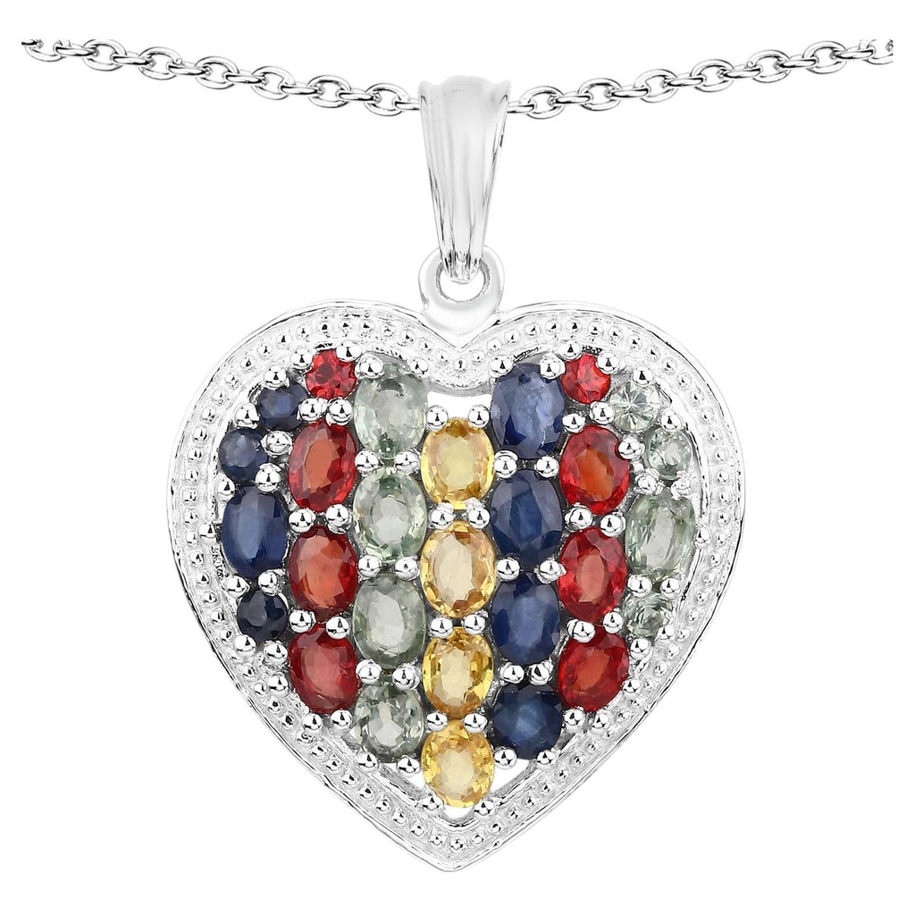 Multicolor Sapphire Heart Pendant 4.28 Carats Sterling Silver