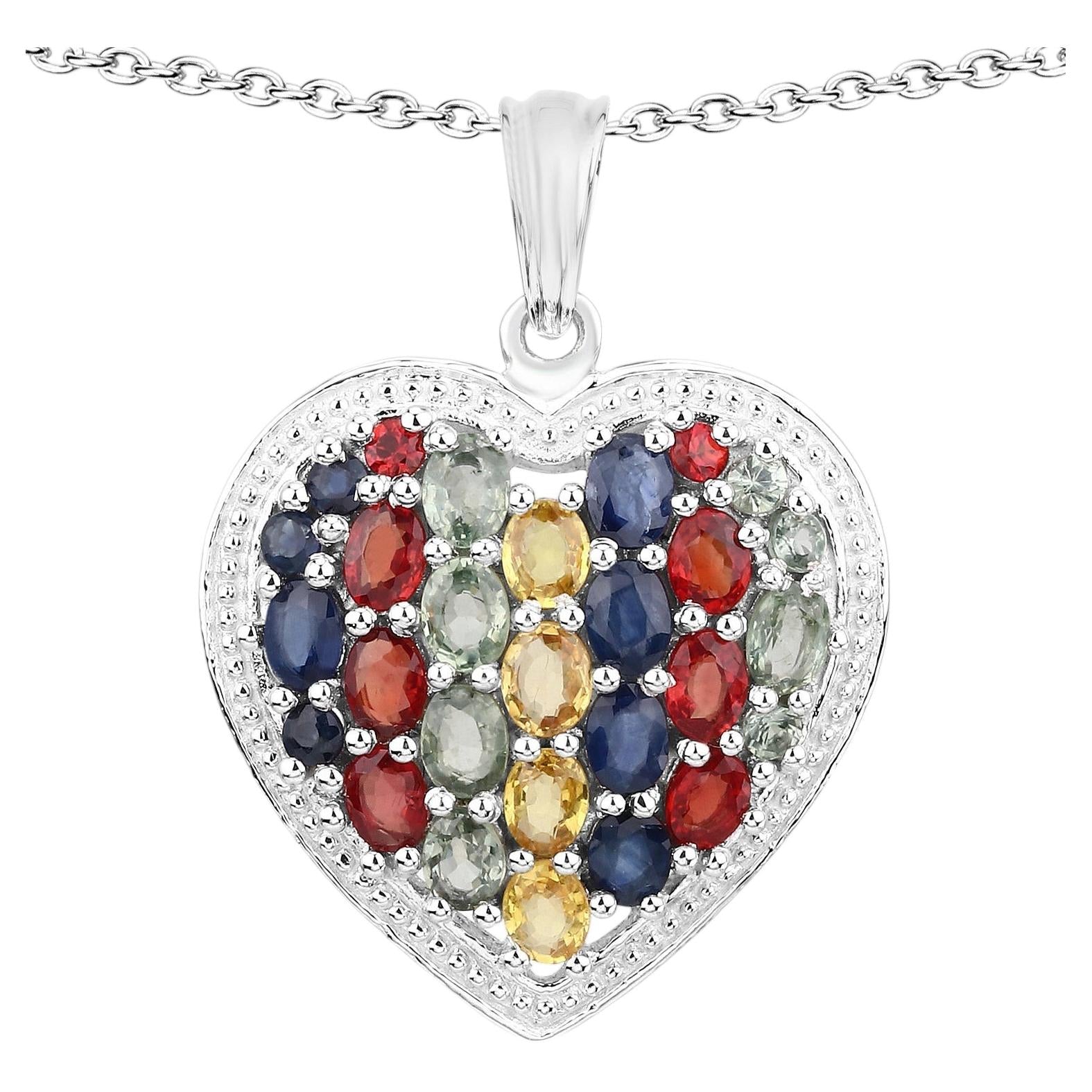 Multicolor Sapphire Heart Pendant 4.28 Carats Sterling Silver