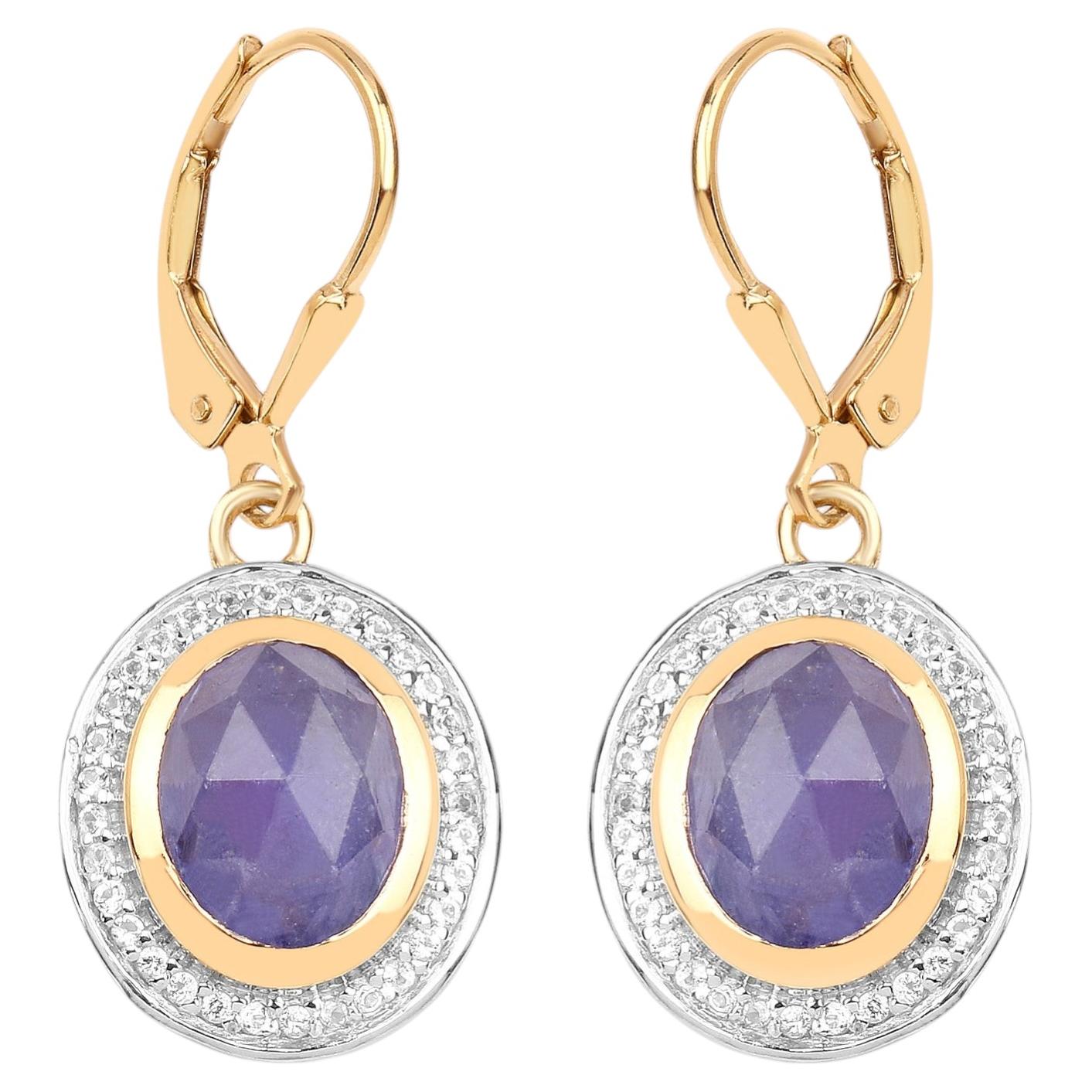 Natural Tanzanite Earrings With White Topaz 7.38 Carats Gold Plated Silver