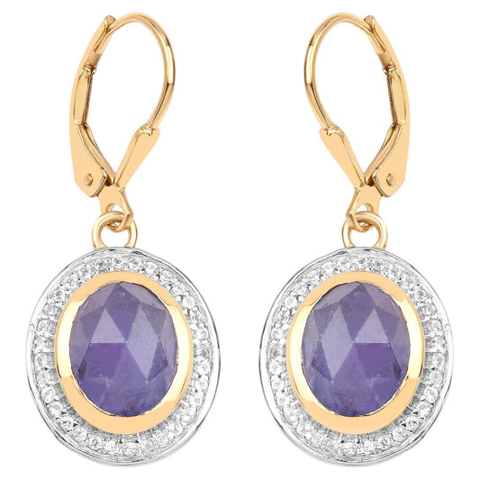 Natural Tanzanite Earrings With White Topaz 7.38 Carats Gold Plated Silver