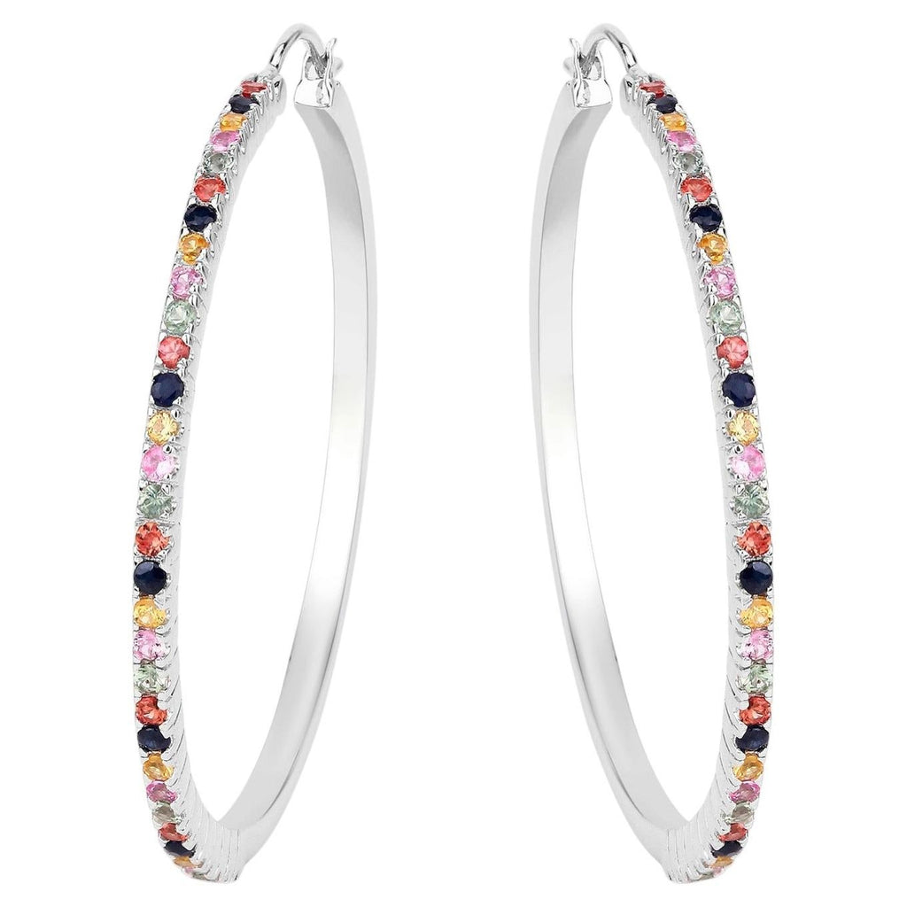 Natural Multicolor Sapphire Hoop Earrings 2.16 Carats Sterling Silver