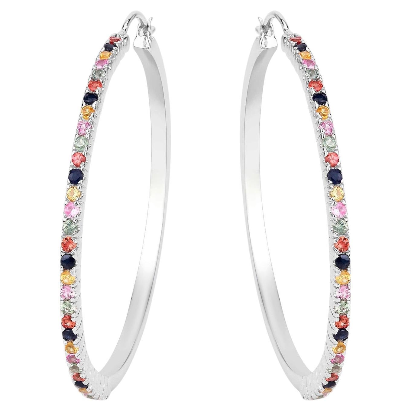 Natural Multicolor Sapphire Hoop Earrings 2.16 Carats Sterling Silver