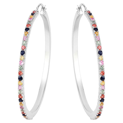 Natural Multicolor Sapphire Hoop Earrings 2.16 Carats Sterling Silver