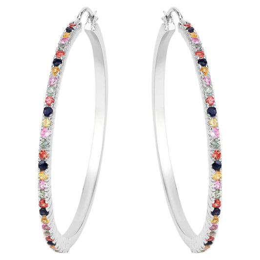 Natural Multicolor Sapphire Hoop Earrings 2.16 Carats Sterling Silver