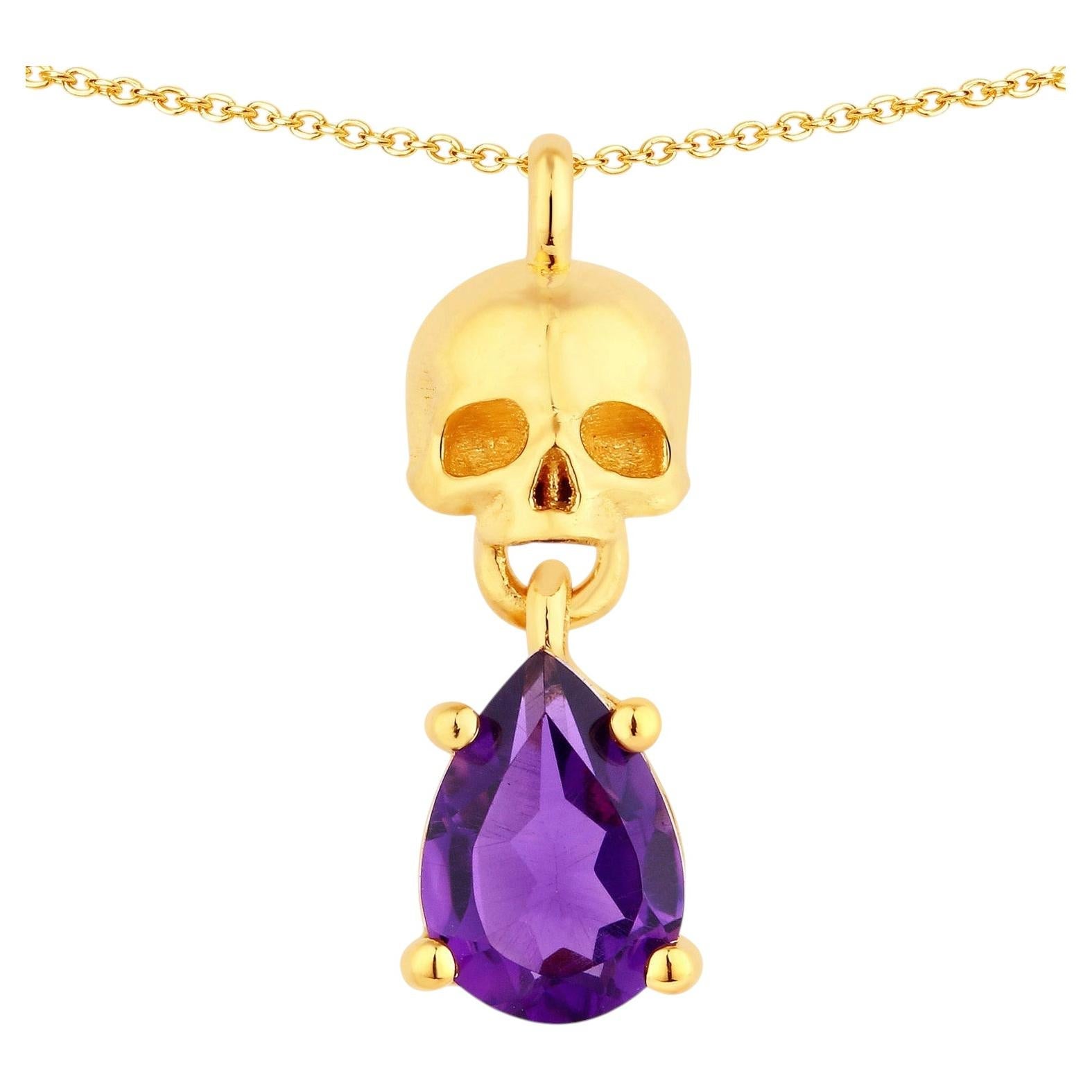 Amethyst Skull Pendant 0.66 Carats Gold Plated Silver