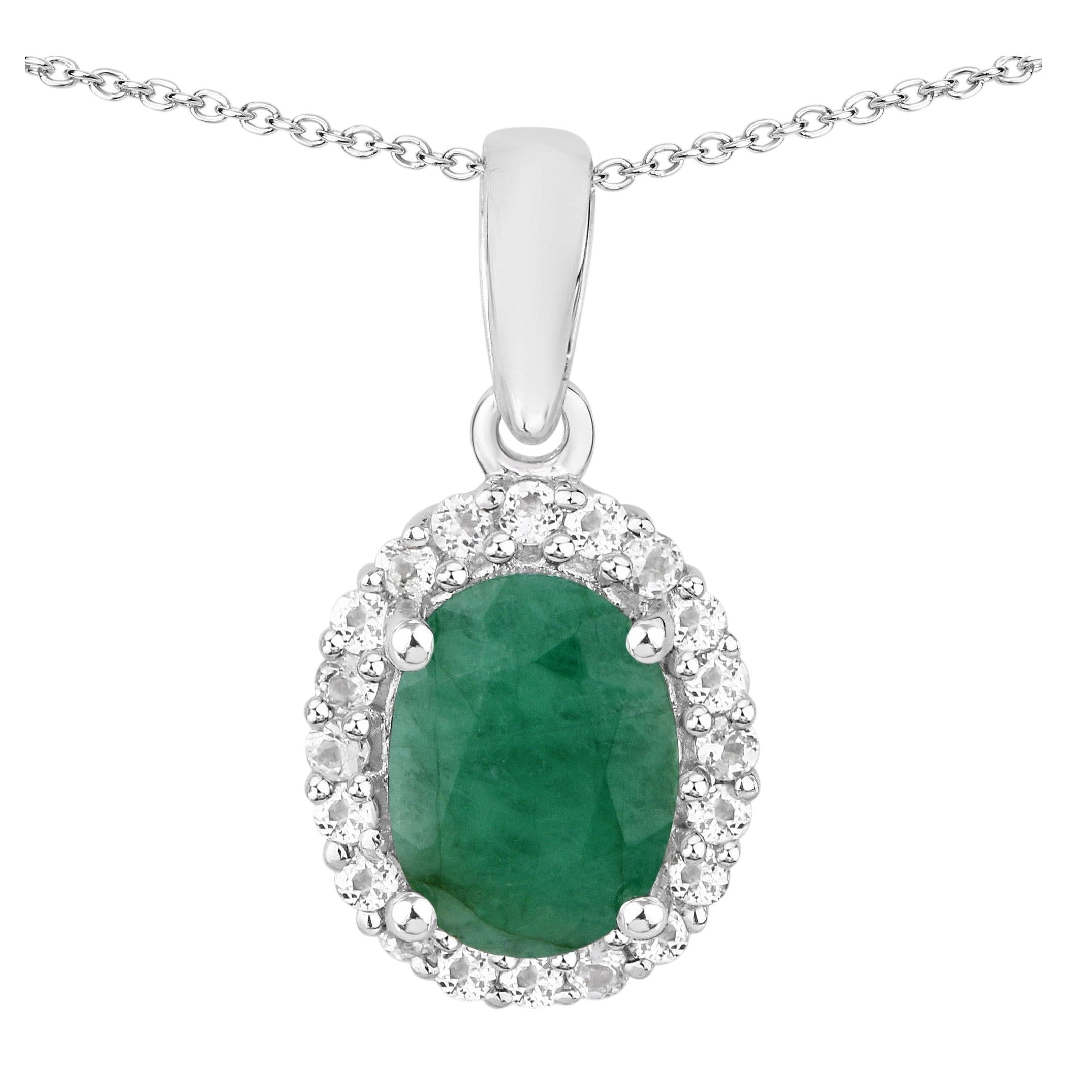 Emerald Pendant With White Topaz 1.52 Carats Sterling Silver