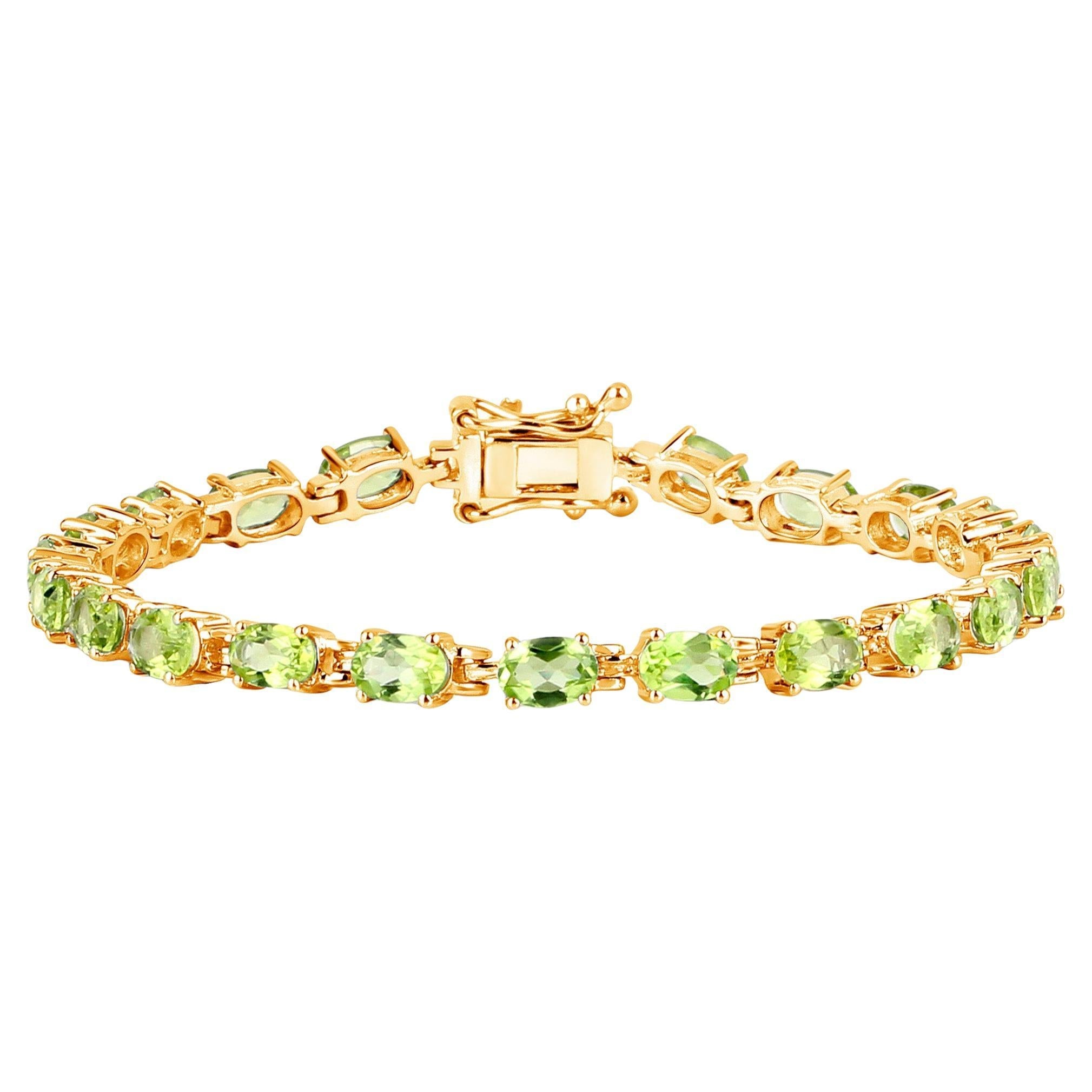 Peridot Tennis Bracelet 8.6 Carats Oval Cut 14K Yellow Gold Plated Silver
