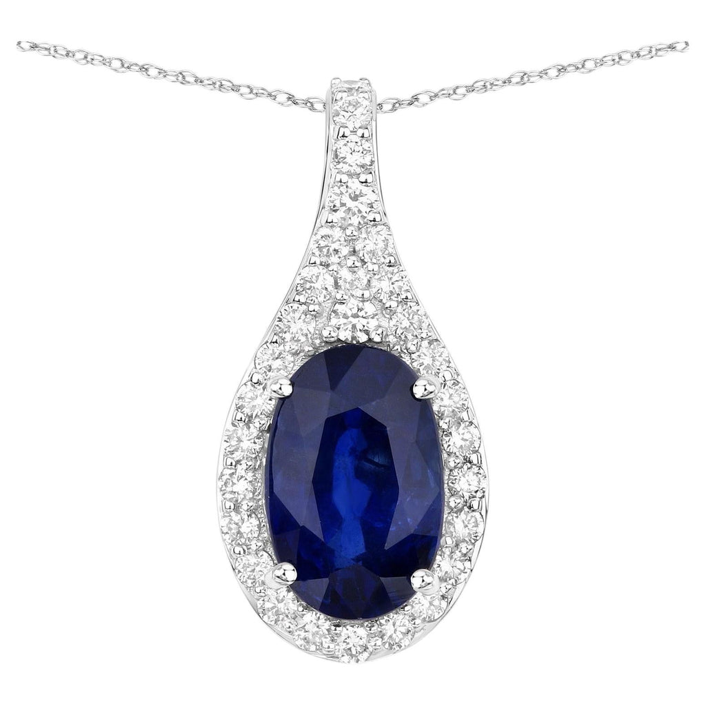 Blue Sapphire Pendant With Diamonds 3.77 Carats 18K White Gold