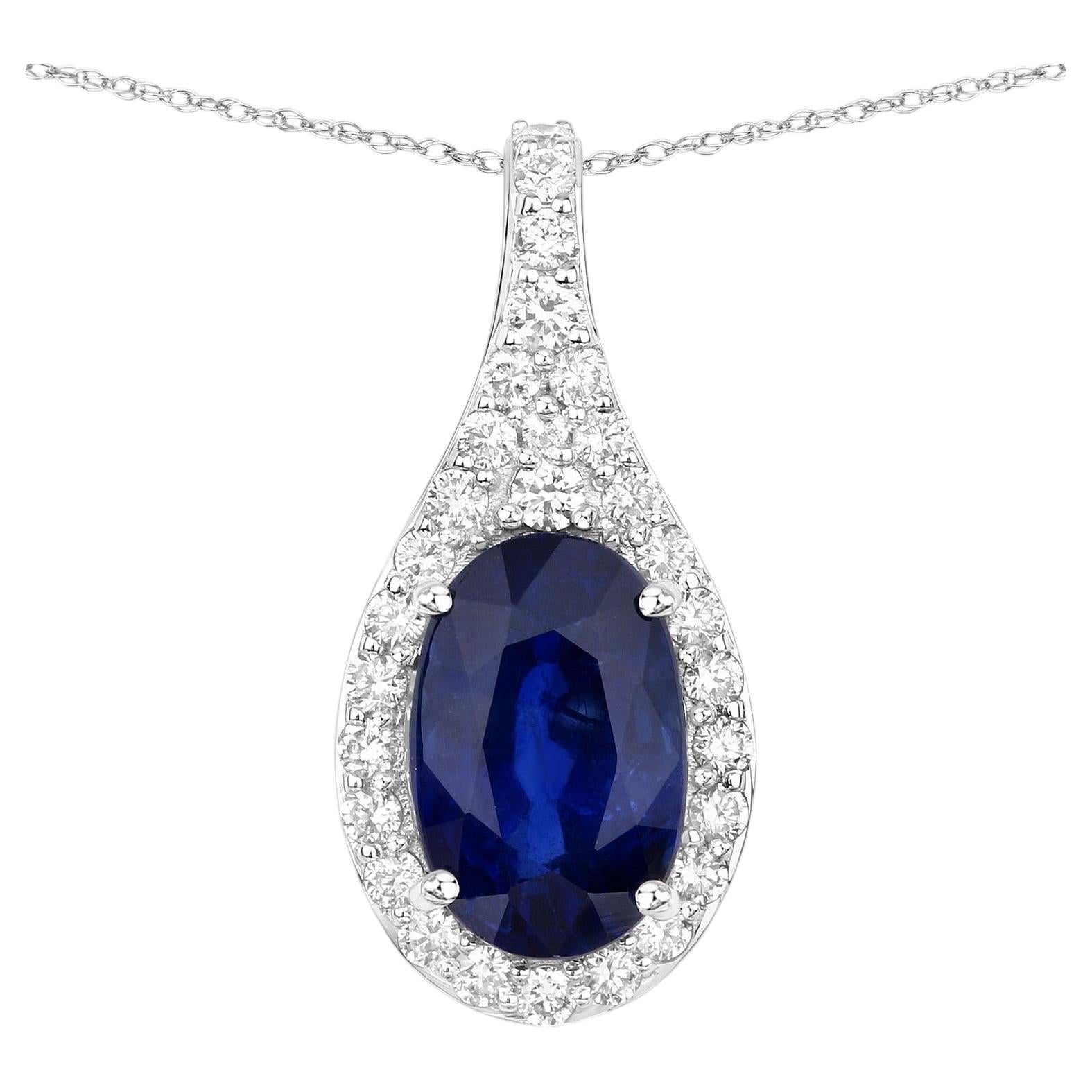 Blue Sapphire Pendant With Diamonds 3.77 Carats 18K White Gold