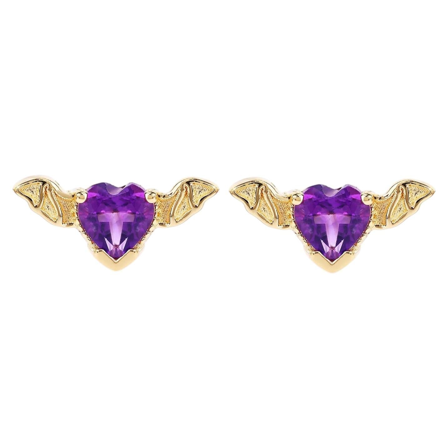 Amethyst Bat Stud Earrings 0.34 Carats Gold Plated Silver
