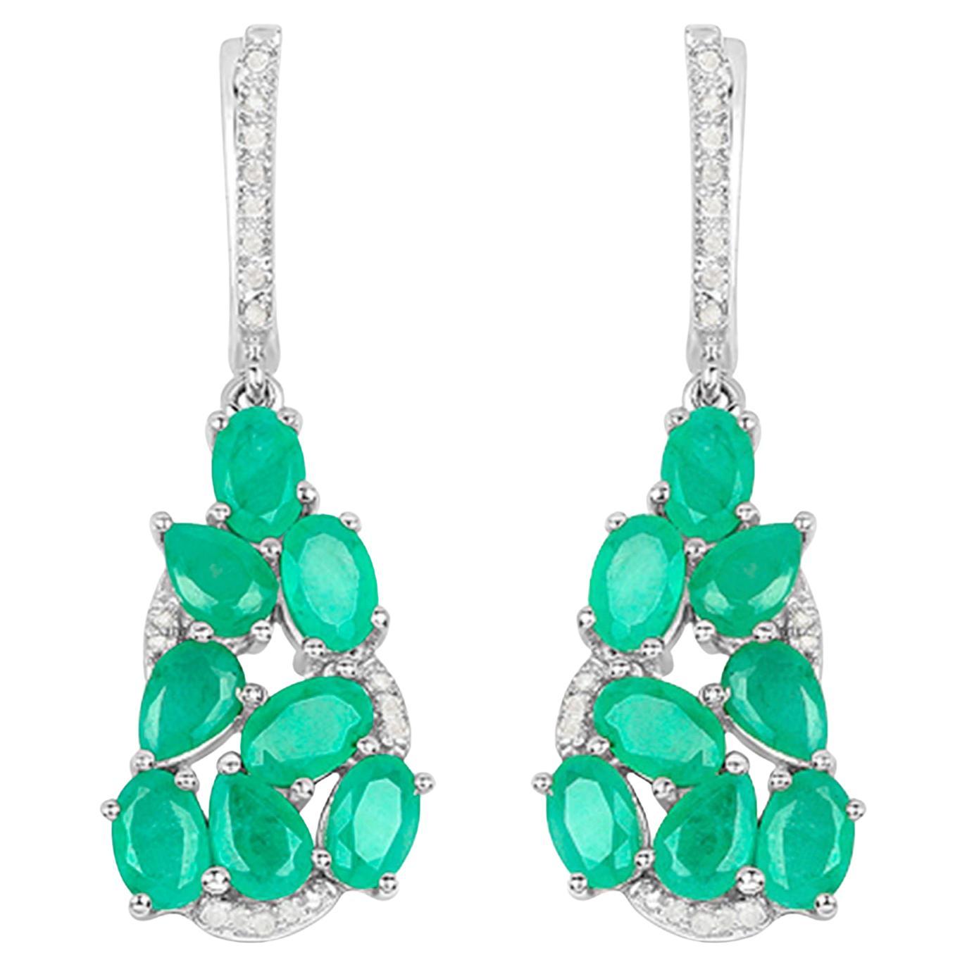 Emerald Dangle Earrings Diamonds 6.6 Carats Silver
