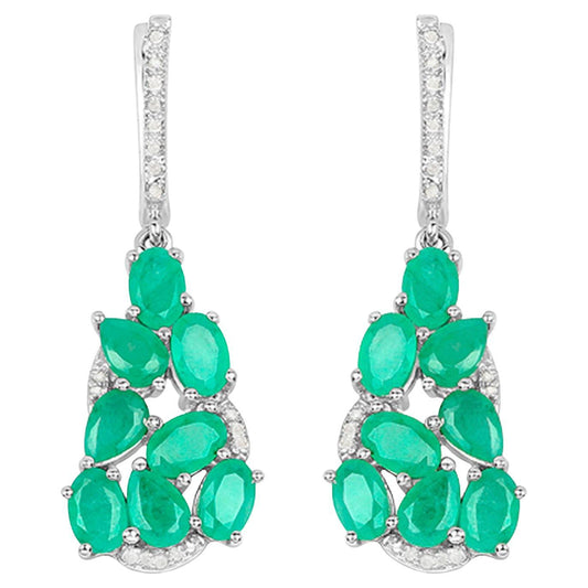 Emerald Dangle Earrings Diamonds 6.6 Carats Silver