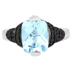 Swiss Blue Topaz Ring With Black Diamonds 3.76 Carats Sterling Silver