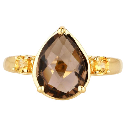 Smoky Quartz Ring With Citrine 3.60 Carats Gold Plated Silver