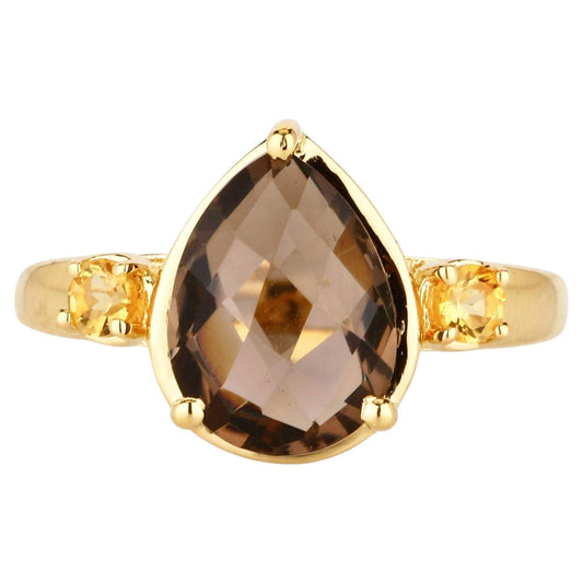 Smoky Quartz Ring With Citrine 3.60 Carats Gold Plated Silver