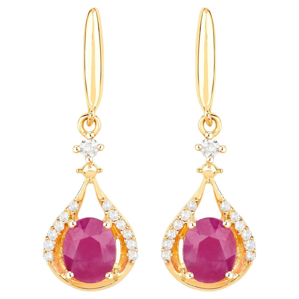 Ruby Dangle Earrings Diamonds 14K Yellow Gold