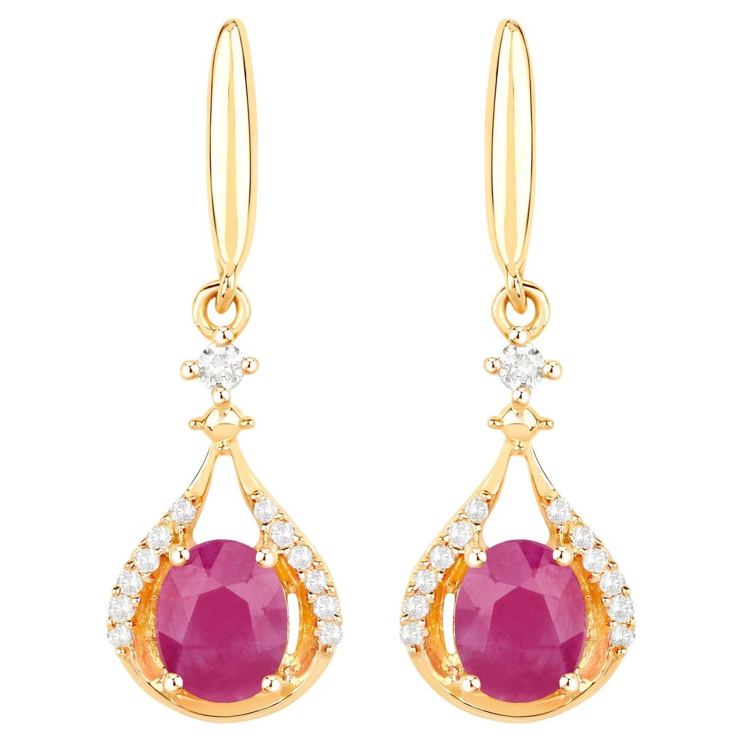 Ruby Dangle Earrings Diamonds 14K Yellow Gold