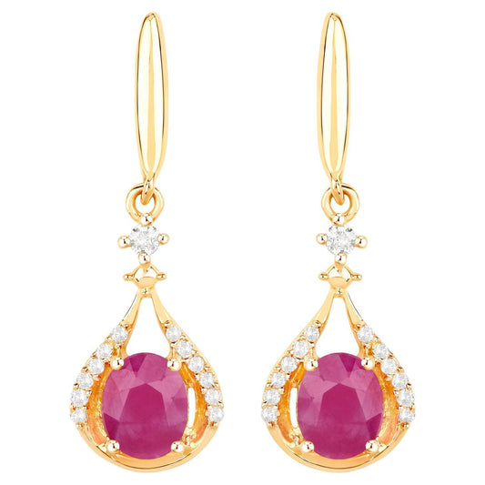 Ruby Dangle Earrings Diamonds 14K Yellow Gold