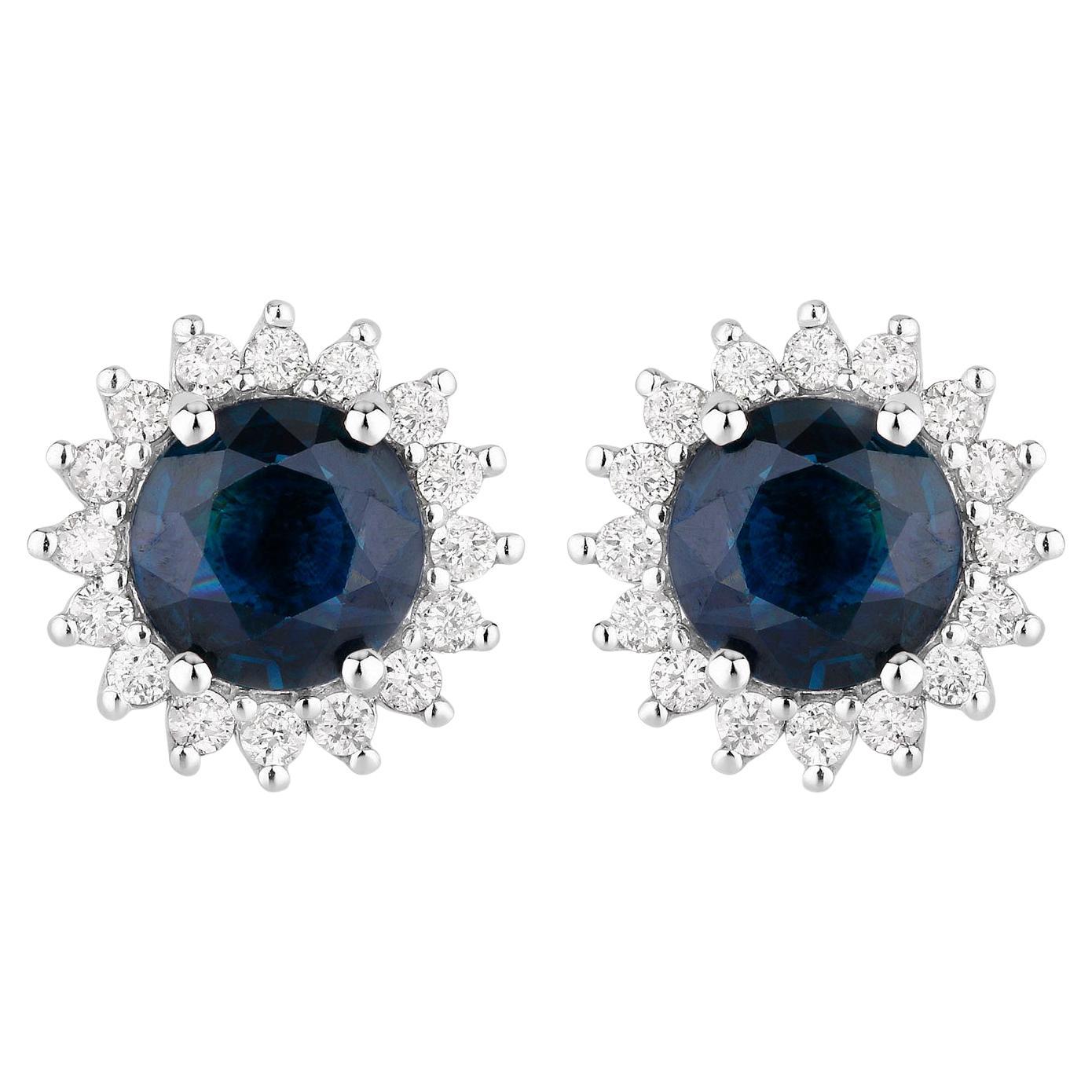 Blue Sapphire Halo Earrings Diamonds 2.3 Carats 14K White Gold