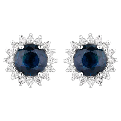 Blue Sapphire Halo Earrings Diamonds 2.3 Carats 14K White Gold
