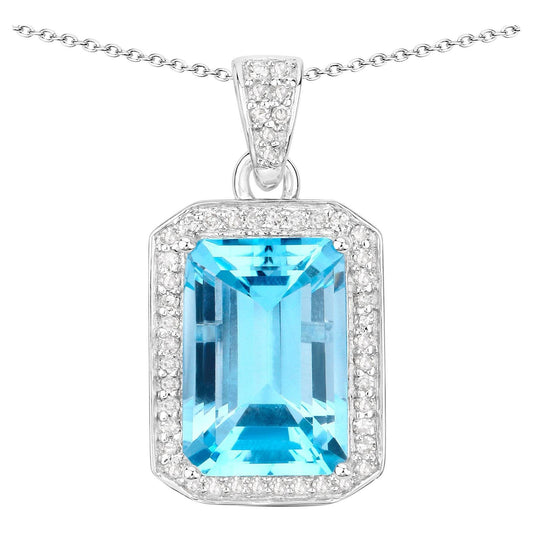 Blue Topaz Pendant Necklace Diamond Setting  5.84 Carats Sterling Silver